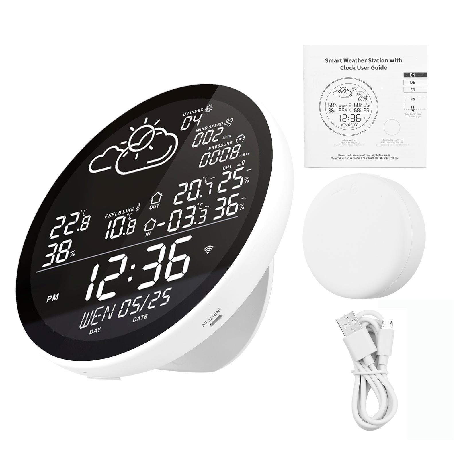 Smart Weather Station with Clock Indoor and Outdoor Temperature & Humidity Meter Multifunctional With 1 Auxiliary Machine