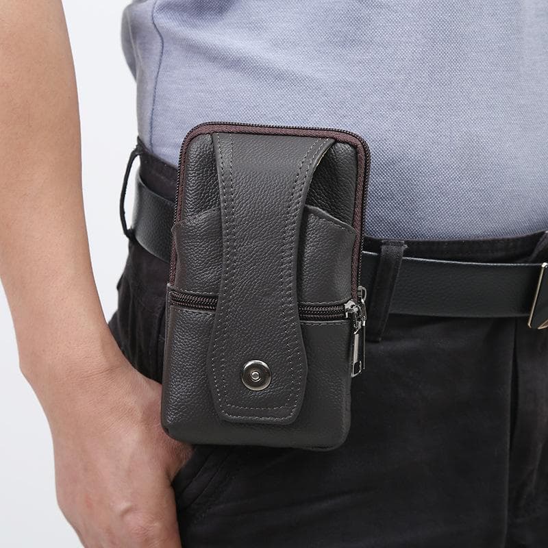 Men Leather Waist Bag Large Capacity Belt Bag Brown Shoulder Bags Crossbody Bags Multi-layer Buckle Mobile Phone Bag Pouch coffee