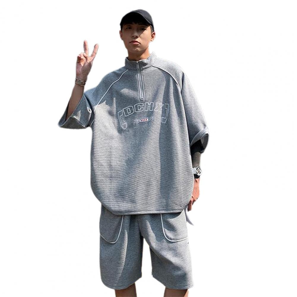 2 Pcs/Set Men Summer Tracksuit Waffle Half Zipper Half Sleeve Stand Collar T-shirt Drawstring Elastic Waist Loose Pants Streetwe S grey