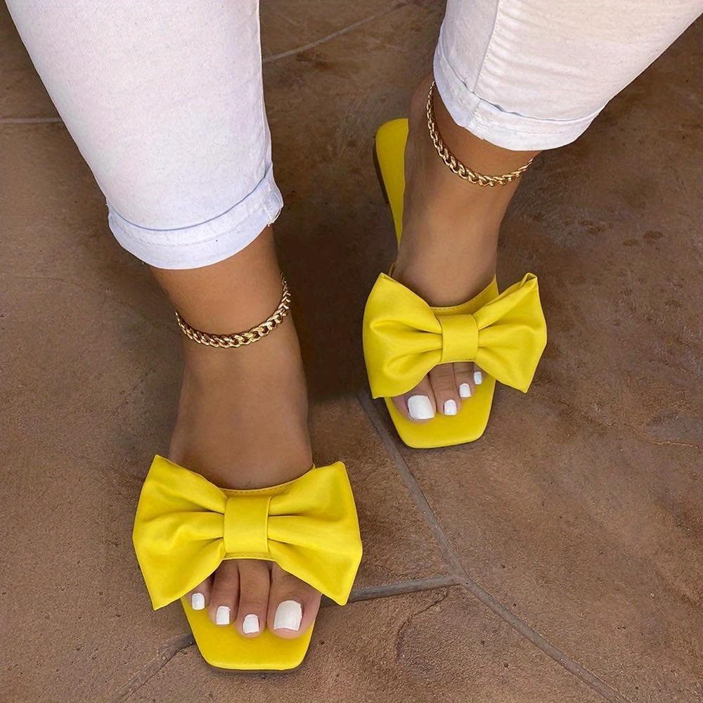 Women's Bowknot Flat Slippers, Solid Color Square Open Toe Non Slip Slides Shoes, Versatile Indoor & Outdoor Slippers 41 yellow
