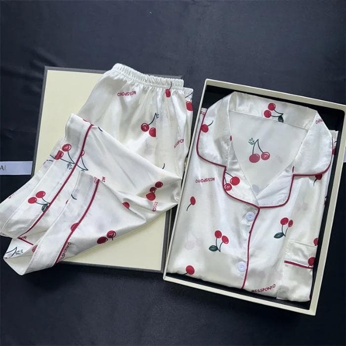 Faux Silk Pajamas Set Women Geometric Shorts&Short Sleeved Top V-Neck Sleepwear Print Faux Stain Loungewear Homewear Pyjamas L