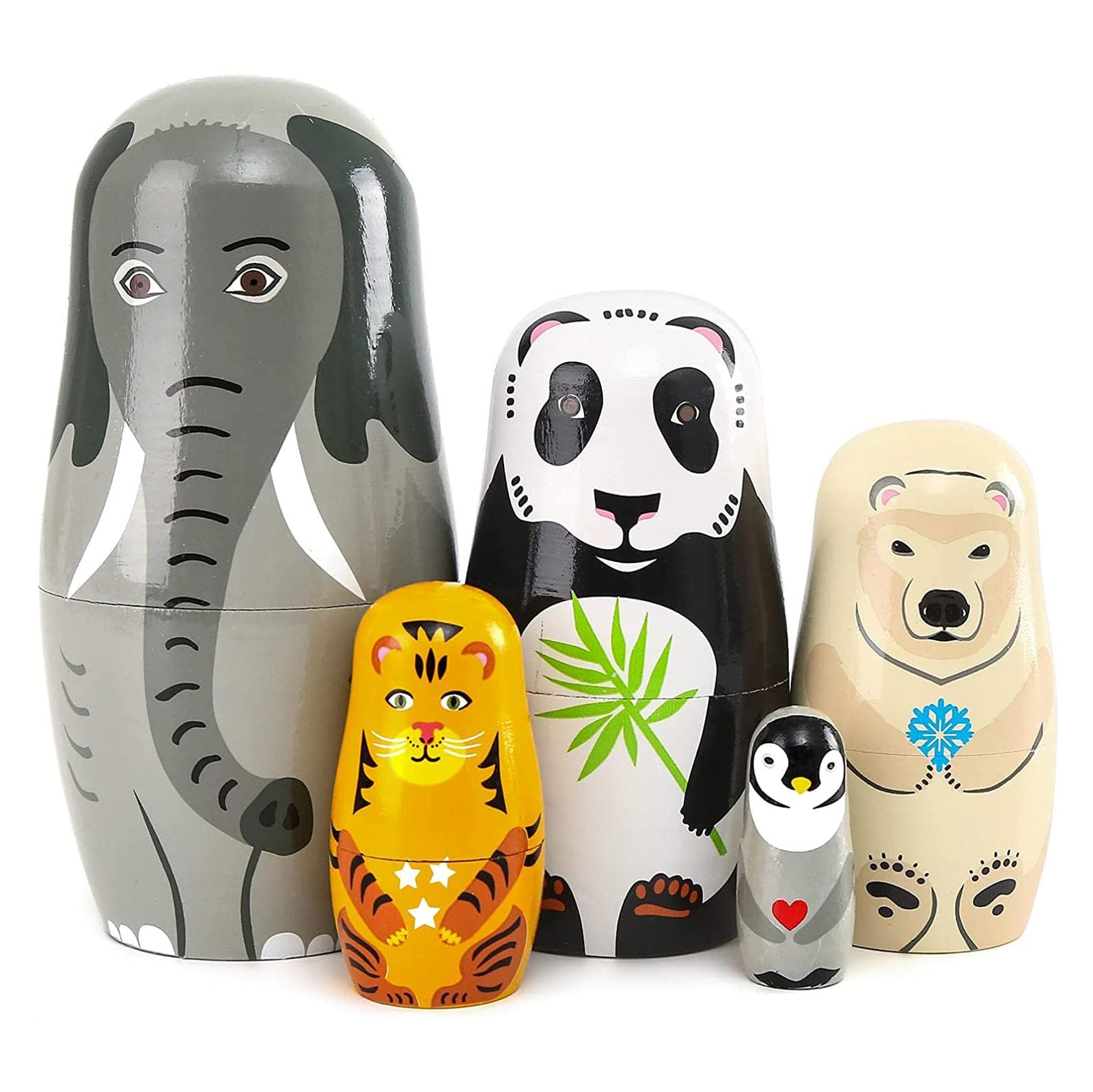 5pcs Beautiful Handmade Wooden Animal Nesting Dolls Elephant Panda Nesting Dolls Gift Nesting Wishing Dolls Matryoshka Traditional 14x6.8cm