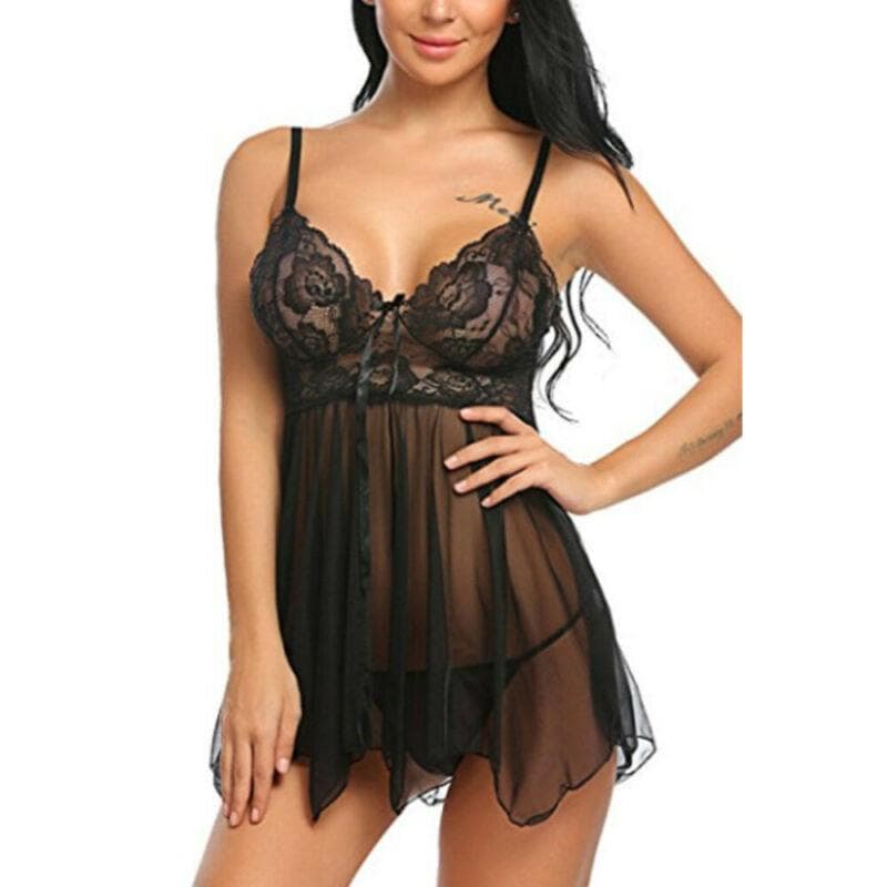 S-4XL Sexy Women Lace Babydoll Lingerie Nightdress See-through Sleepwear Nightwear Mini Dress XL black