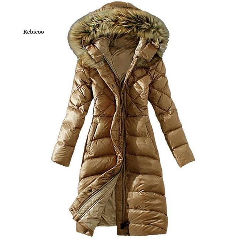 Winter Women's Fashion Slim High Imitation Raccoon Fur Collar Down Coat Hooded Long Cotton Jacket S khaki