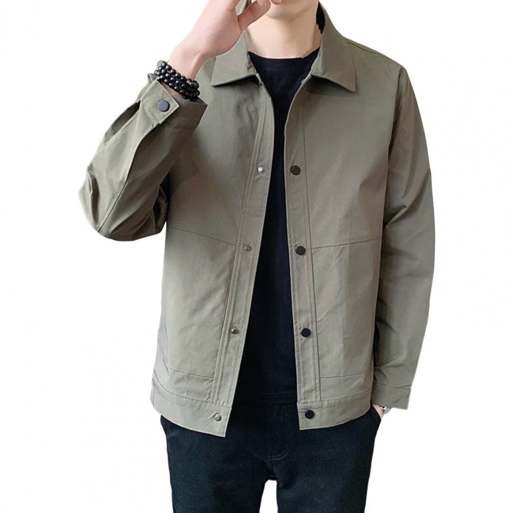 Men Jacket Lapel Long Sleeve Button Closure Jacket Coat with Side Pockets Spring Autumn Solid Color Casual Outwear M light grey