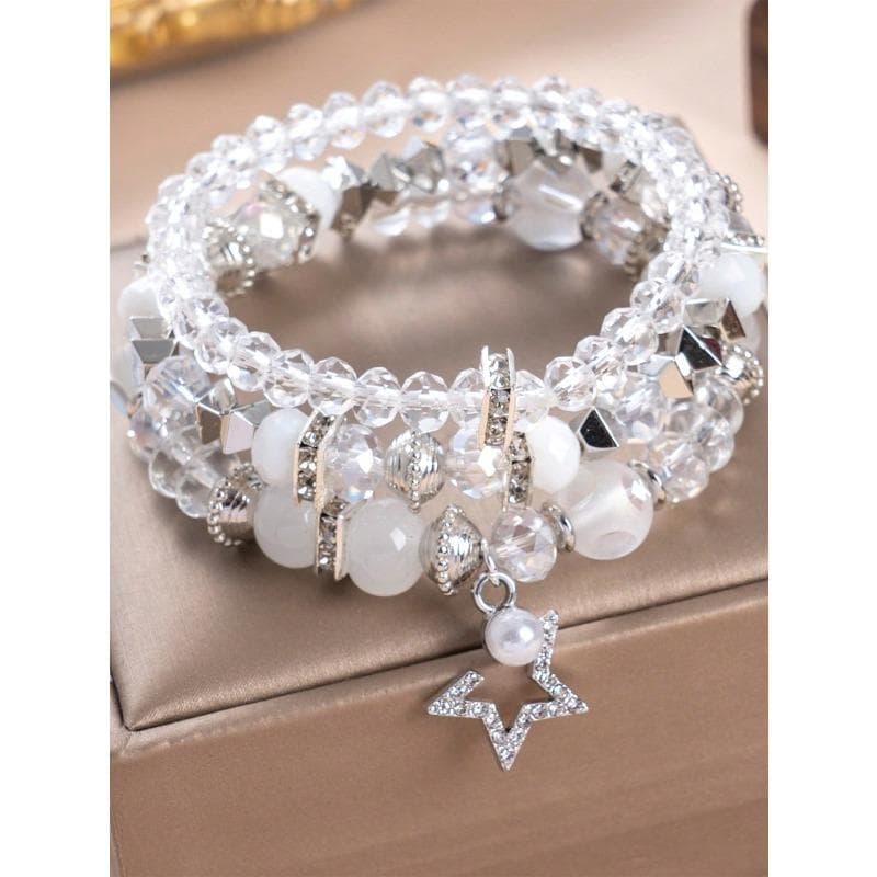 Set Women's Bohemian Style Crystal Beaded Silver-Tone Alloy Chain Bracelets one-size white