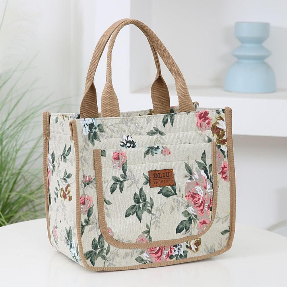 Aesthetic Floral Print Lunch Bag Insulated Large Capacity Lunch Bag Thermal Cooler Handbag for School Work Travel Picnic pink