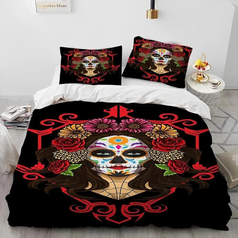 3D Horror Gothic Female Skull Dead Girl Comforter Bedding Set,Duvet Cover Bed Set Quilt Cover Pillowcase,Queen Size Bedding Set 70x133cm 2pcs