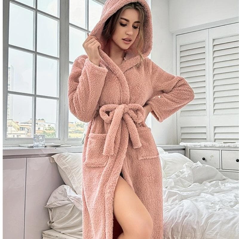 Winter Flannel Robe for Women Pink Hooded Kimono Bathrobe Gown Thicken Warm Coral Fleece Sleepwear Homewear Loose Loungewear XL pink