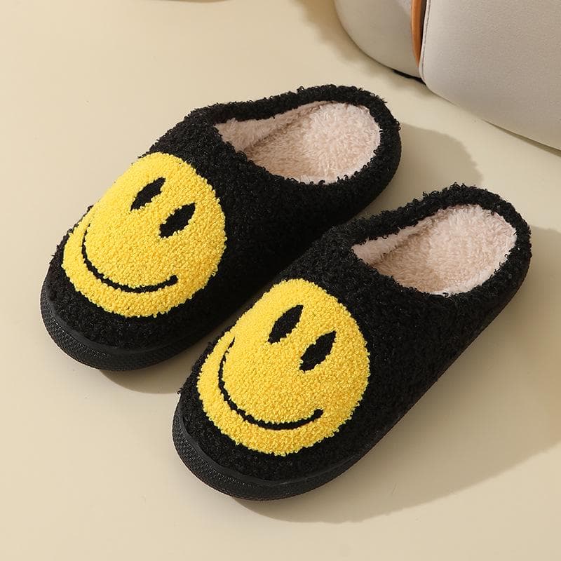 Cartoon Smiley Face Cotton Slippers - Women's Non-Slip Indoor Warm Slippers for Autumn and Winter Size 40-41 (Fits size 39-40) black