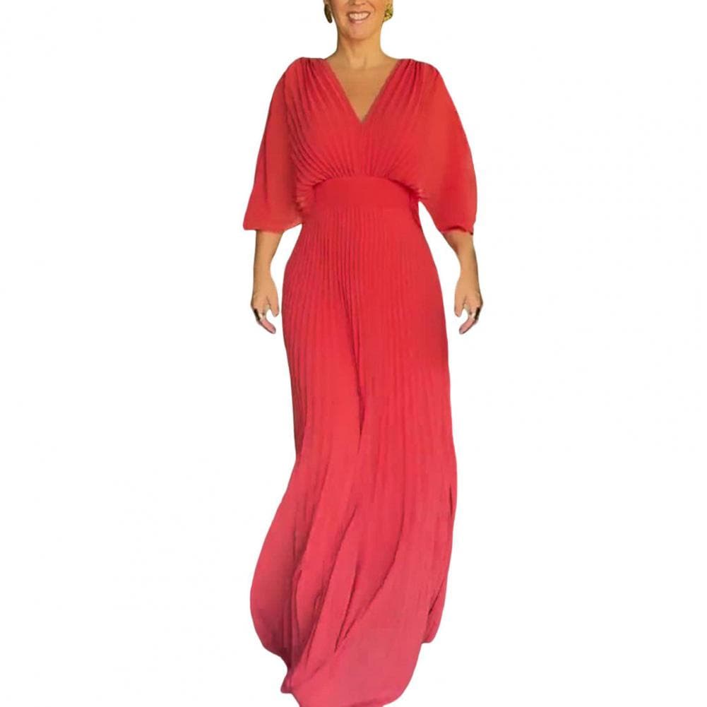 Women Dress Elegant Pleated V Neck Maxi Dress for Women Dolman Sleeves Evening Gown with Slim Waist Full Length Skirt for Party XXXL red