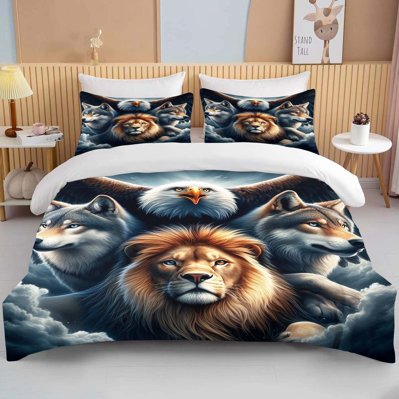 Lion Fox Horse Eagle Wolf Bedding Set Duvet Cover 1 Duvet Cover 2 Pillowcases Adult and Child Bedding Set Luxury Holiday Gifts EU single(135x200cm)