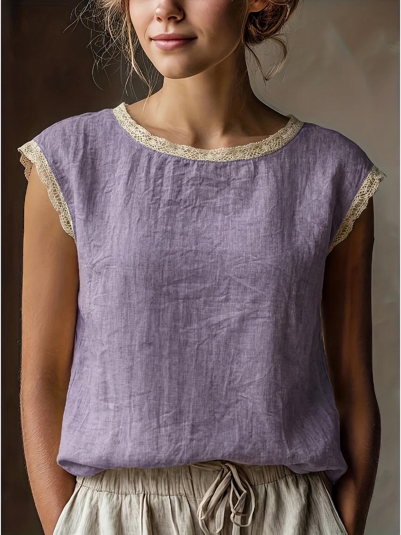 2026 Women's Retro Loose Linen Sleeveless Shirt with Lace Patchwork S purple