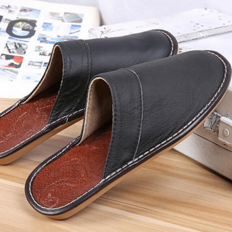 Men Slippers Luxury Home Slippers Cow Leather Indoor Slides Flip Flops Flat Shoes for Summer 39 black