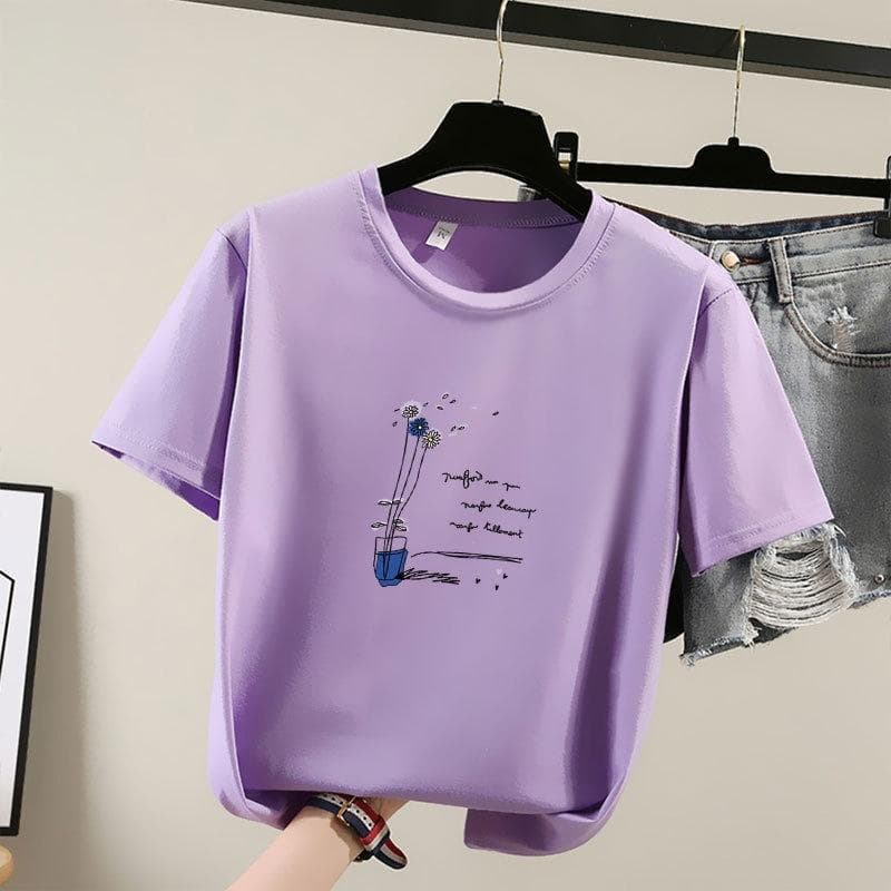 Summer 2025 New Short-sleeved T-shirt Women's Round-neck Printed Top XL purple