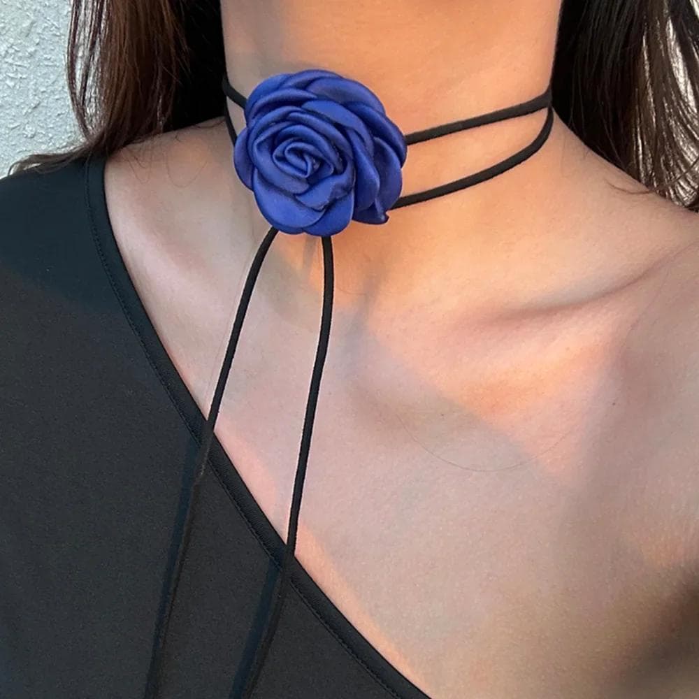 Romantic Gothic Big Rose Flower Clavicle Chain Necklace for Women Ladies Korean Fashion Adjustable Rope Choker Y2K Accessories blue