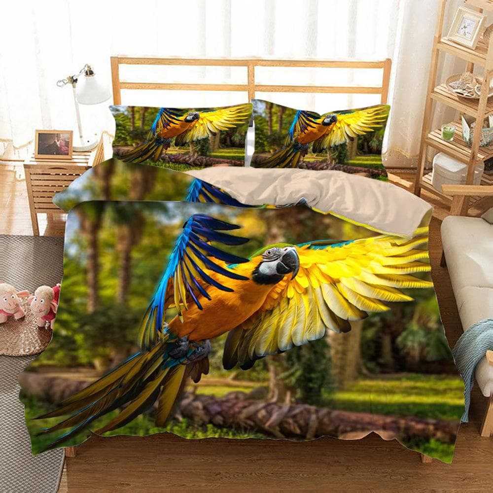 Macaw Bedding Set King/Queen Size Colourful Parrot Duvet Cover Kids Boys Natural Tropical Green Plant Bird Polyester Quilt Cover AU Queen(210x210cm)