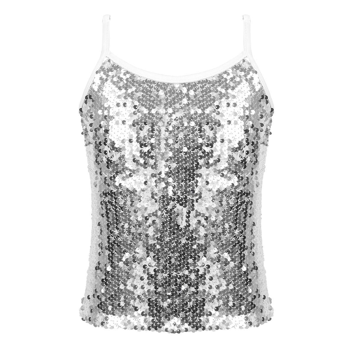 Kids Girls Shiny Sequins Camisole Tank Top for Jazz Modern Dance Competition Spaghetti Straps Vest 13-14 Years white