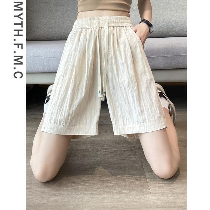 Summer Ice Silk Sports Shorts for Women, Large Size Summer Thin Style, High Waist, Slim and Versatile Five-point Wide-leg Medium Pants 2XL