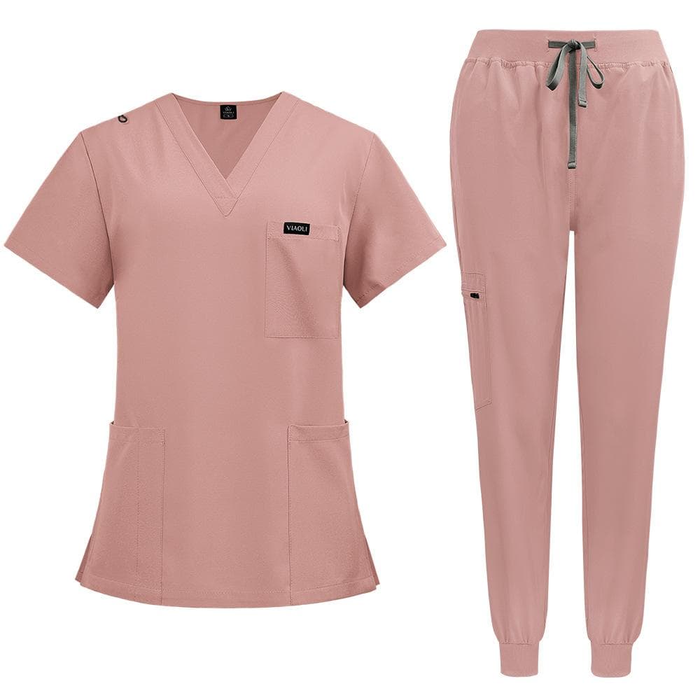 Scrubs for Women Set Jogger Pants Henley Two Piece Tops and Pants V Neck Stretchy Nurse Working Uniform with Pocket S pink