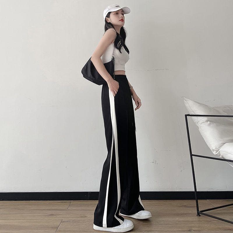 Women's Pants Black Ice Silk Pants High Waist Wide Leg Straight Casual Pants Large Size Striped Sweatpants 4XL black