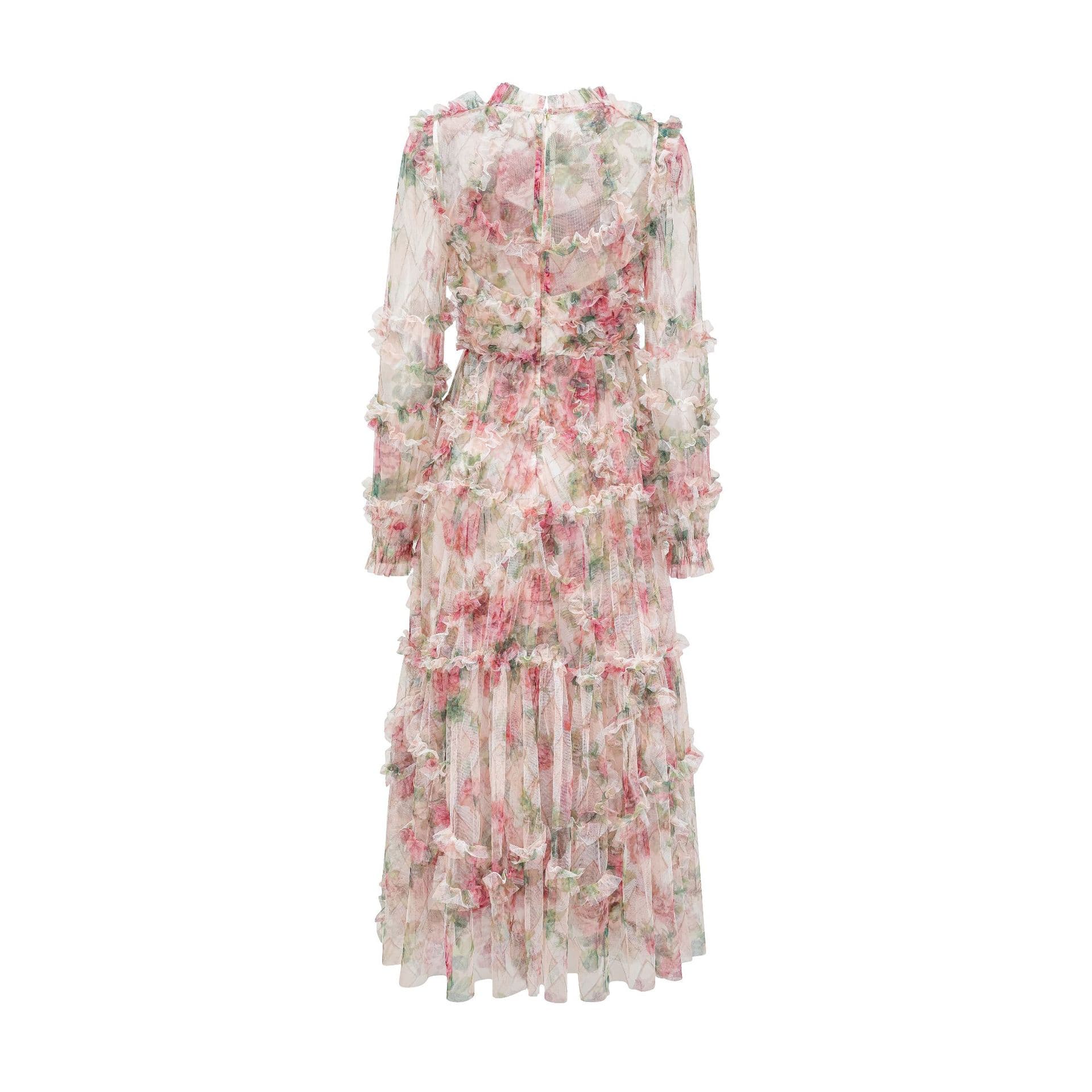 Skinny Floral Dress Long Sleeve Autumn New Banquet Party Dress Skirt L apricot