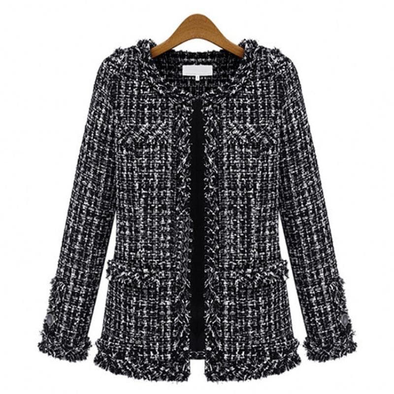Autumn and winter black and white plaid tweed large size women's coat 4XL black