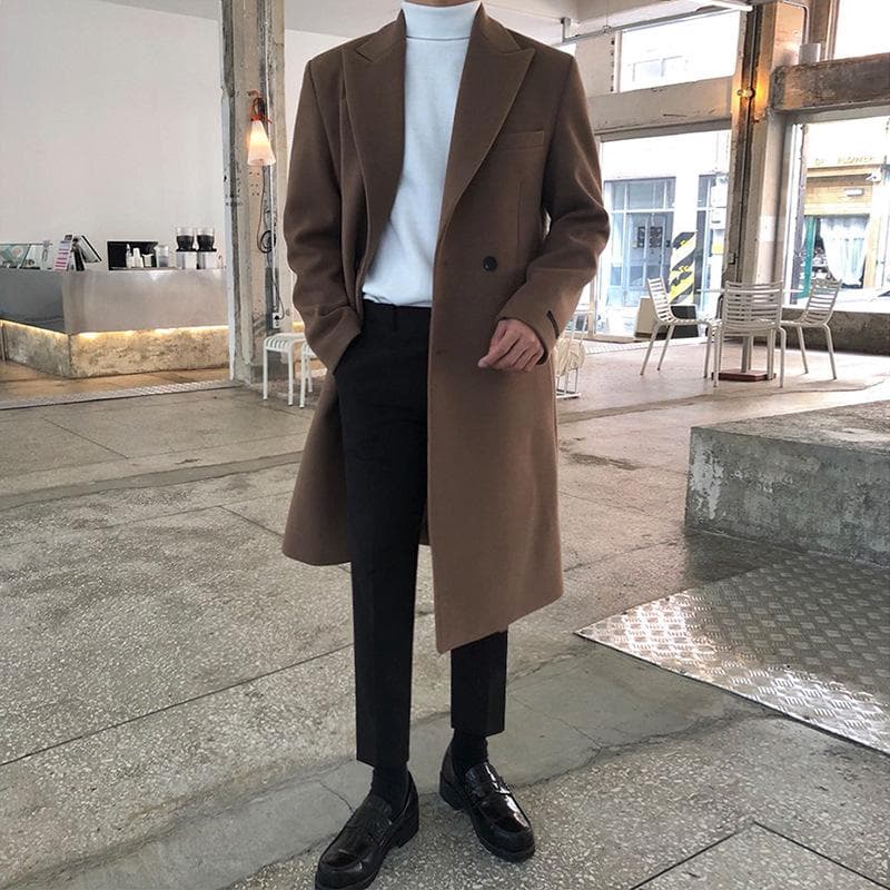 Men's Medium and Long Winter Thickened Korean Version of Trendy Woolen Trench Coat Double-sided Tweed Jacket 2XL brown