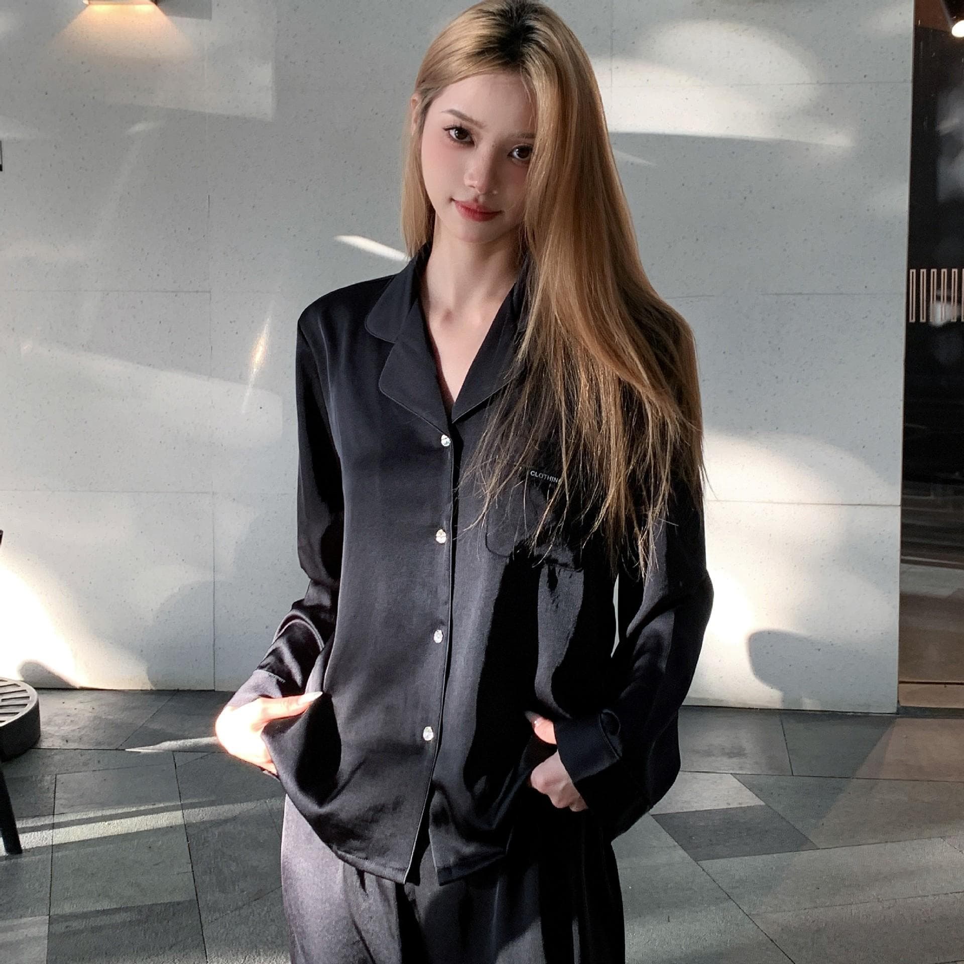 Solid Color Casual Pijamas Suit Silk Satin Sleepwear Black Loose Shirt Trousers Two Piece Set Home Clothes Nightwear Loungewear M black