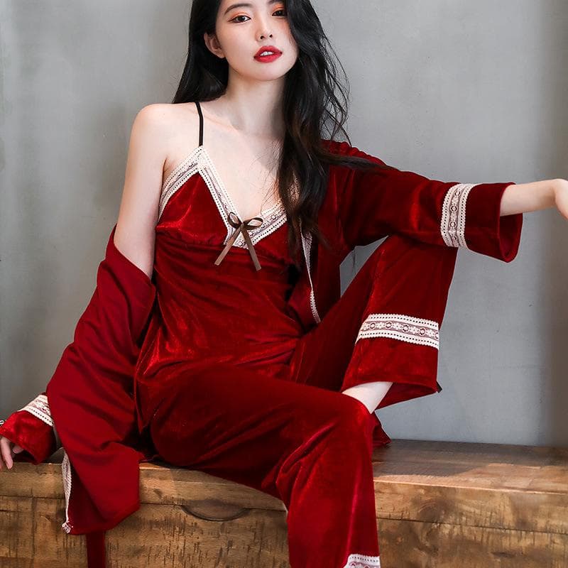 3 Piece Pajama Set Warm Velvet Pajamas Ladies Home Wear Autumn Winter Pajamas Sexy Lace Camisole Tops Pants Home Wear 2XL