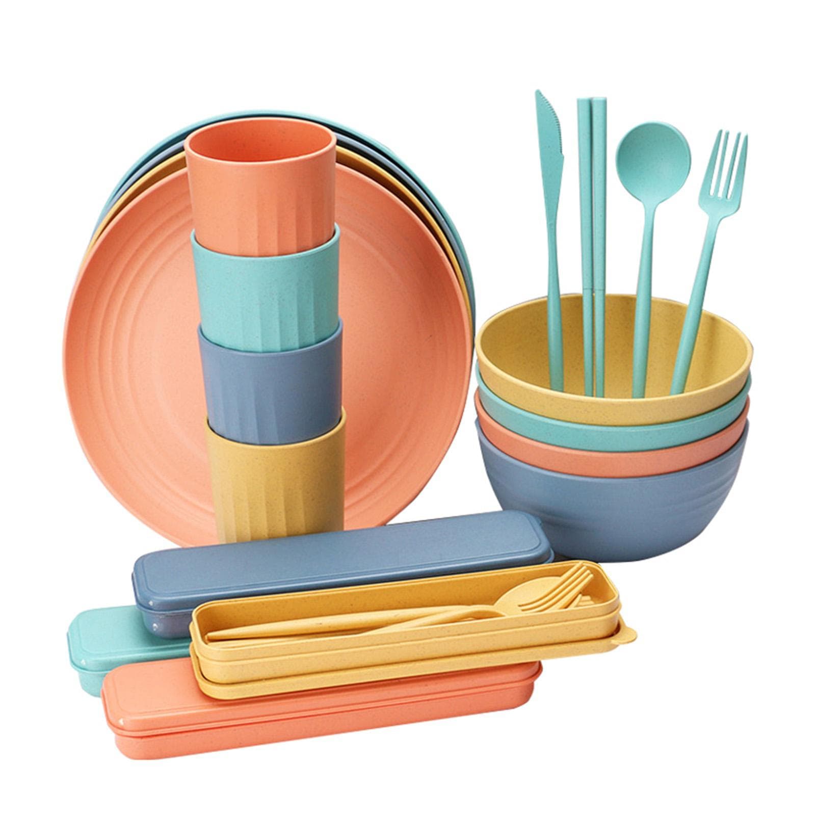 32PCs Food-grade Wheat Straw Dinnerware Set Microwave Dishwasher Freezer Safe Plates Bowls Cups multicolour