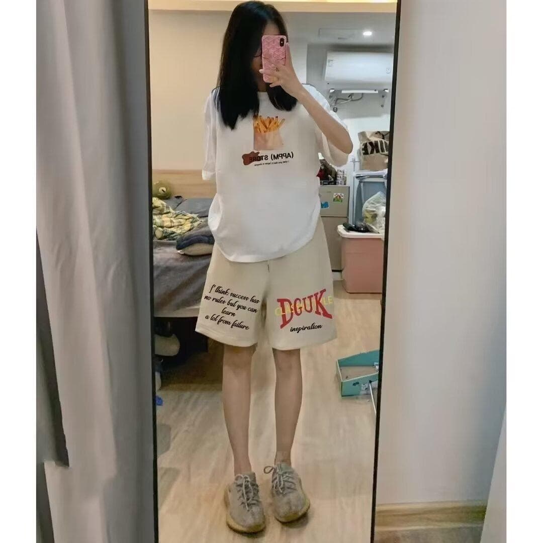 American Hip Hop Letter Summer New Casual Shorts Men's and Women's Trendy Brand Loose Versatile Drawstring Five-point Pants 5XL apricot
