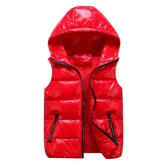 Women Winter Vest Solid Color Hooded Warm Elastic Hem Pockets Bright Color Quilted Vest Waistcoat 4XL red