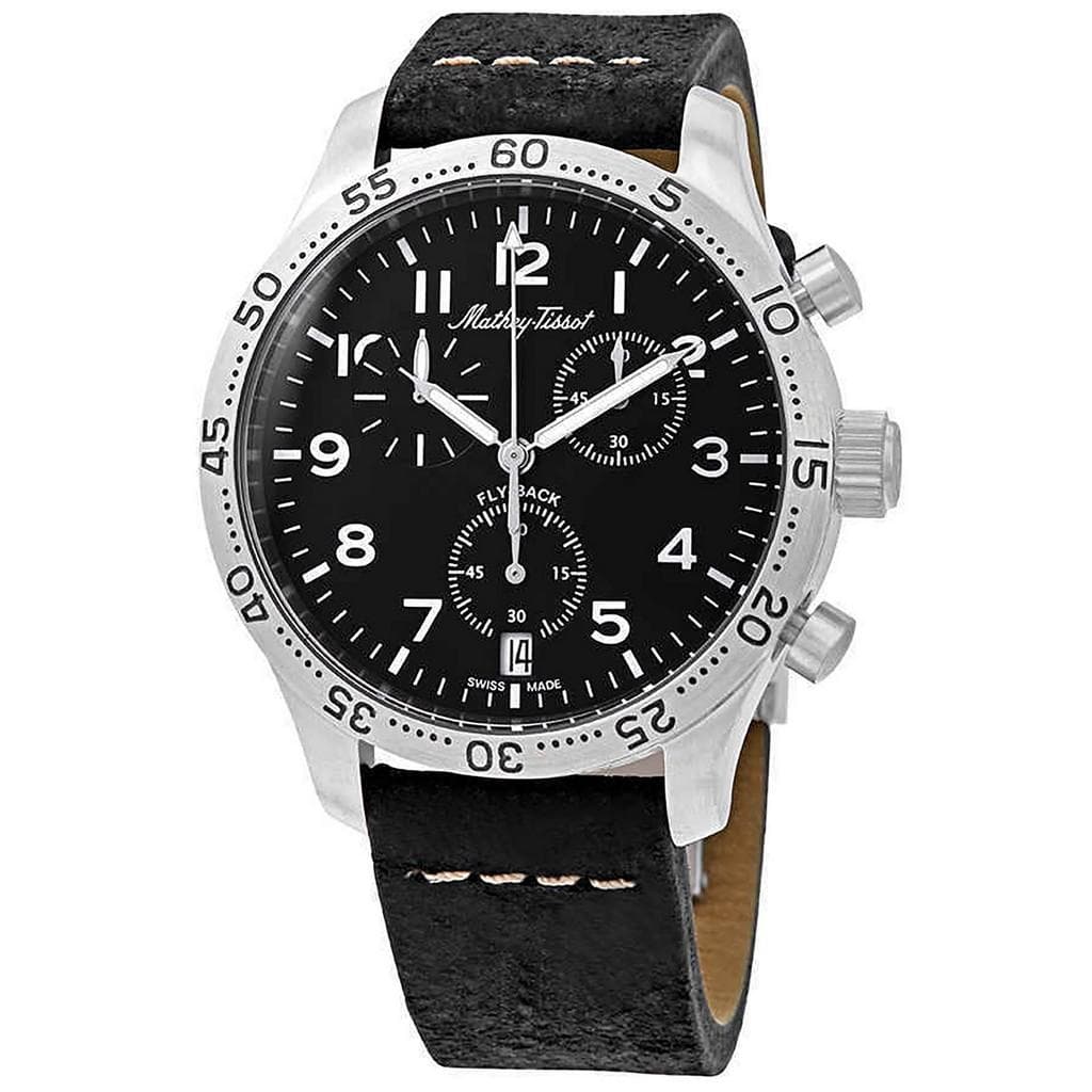 Mathey-Tissot Type 21 Flyback Chronograph Leather Strap Black Dial Quartz H1821CHALNG Men's Watch black
