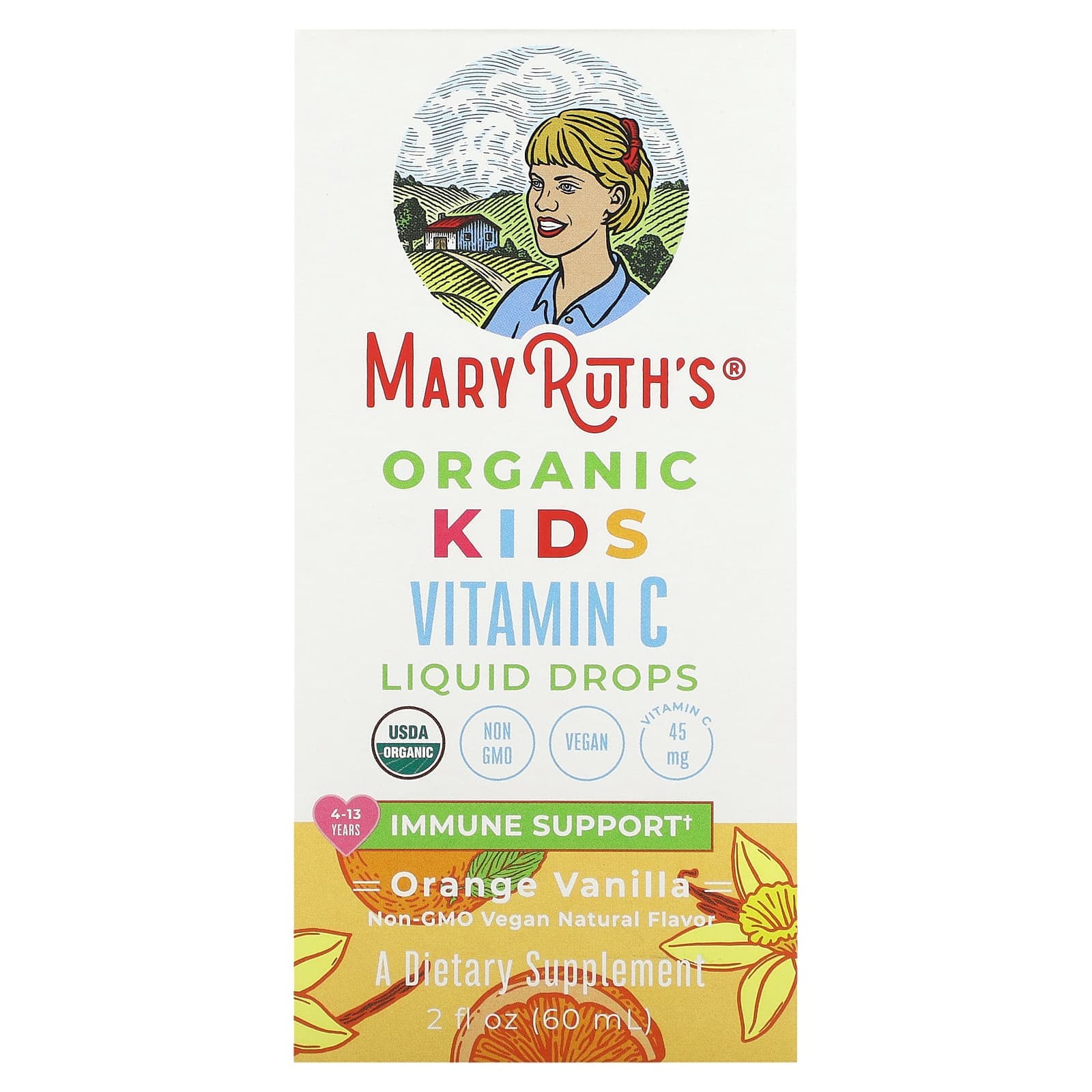 MaryRuth's, Organic Children's, Vitamin C Liquid Drops, Ages 4-13, Orange Vanilla, 2 fl oz (60 ml)