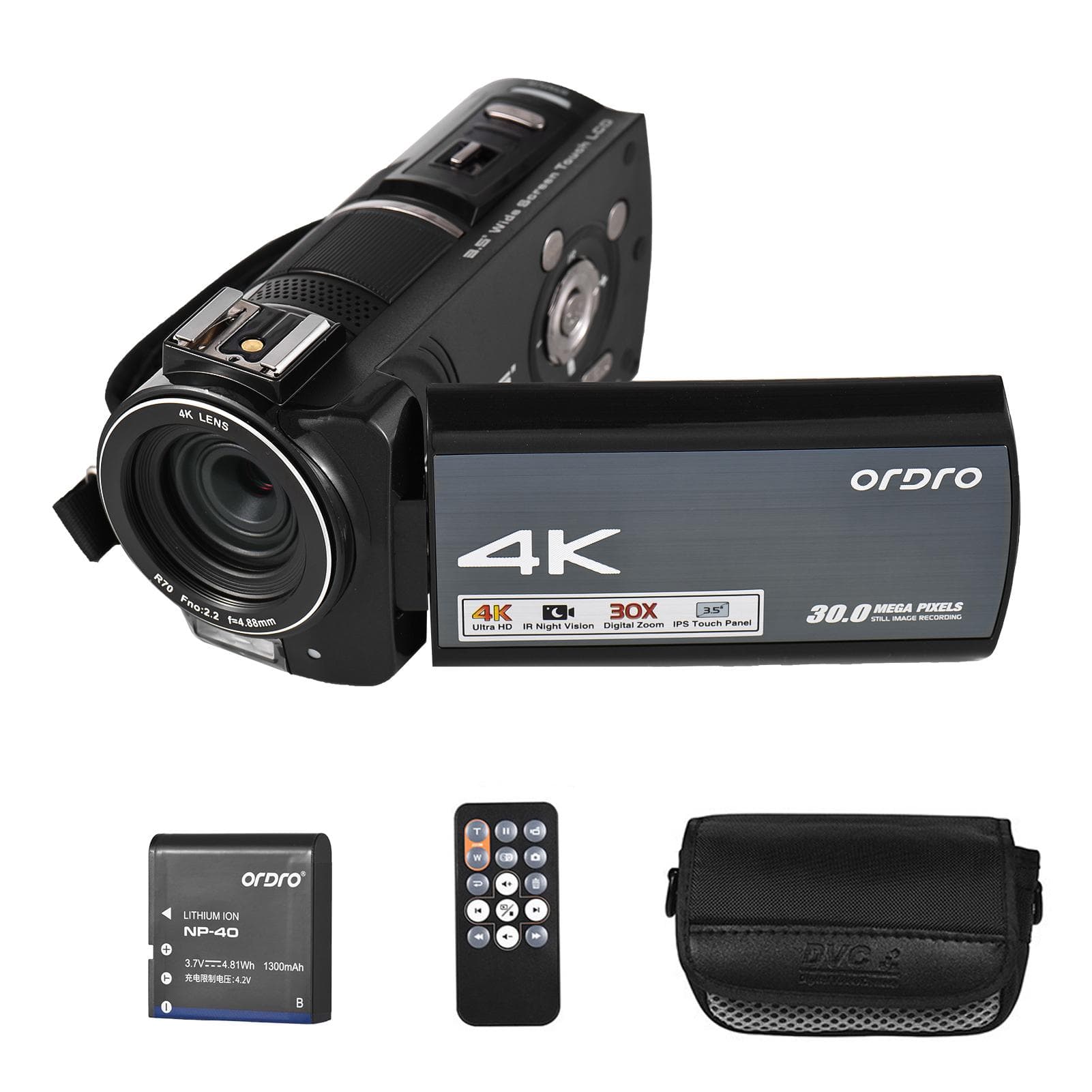ORDRO HDR-AX10 4K Digital Video Camera WiFi Camcorder DV Recorder 3.5 Inch IPS Touch Panel 30MP 30X black