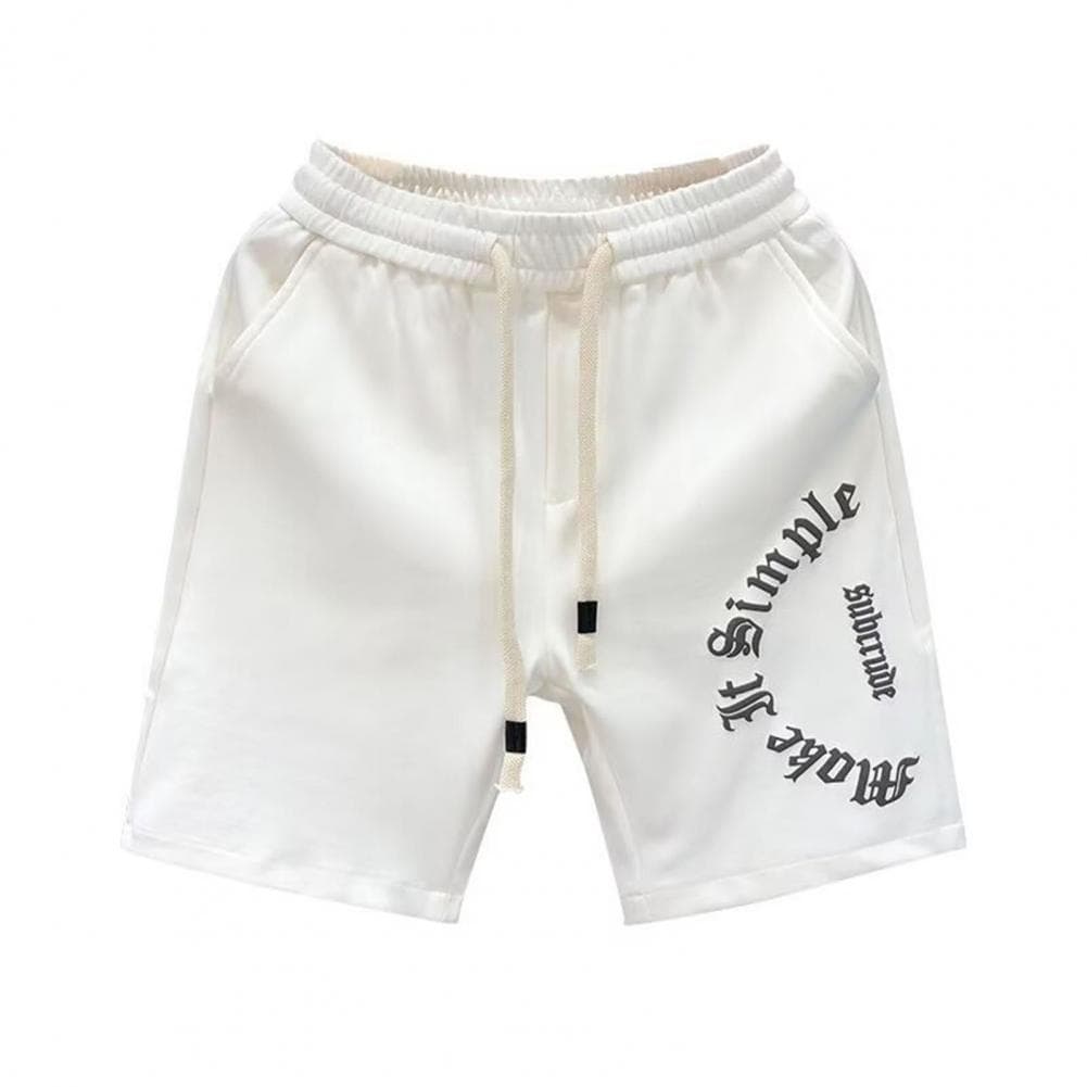Men Summer Shorts Adjustable Drawstring Elastic Waist Casual Wide Leg Shorts Letter Print Sports Short Pants M white