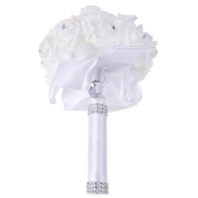 White Foam Roses Silk Ribbon Bouquet Handmade Rhinestone Diamante Bridal Bridesmaid Brooch Wedding Decor