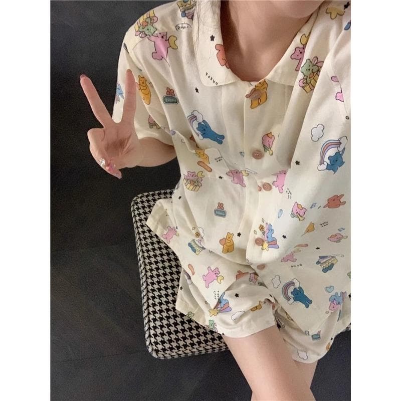 Women's Pajamas Summer Short Sleeve Sleepwear Set Cartoon Cute Bear Printed Pyjama Woman Ruffle Home Nightwear Set Cardigan XXL