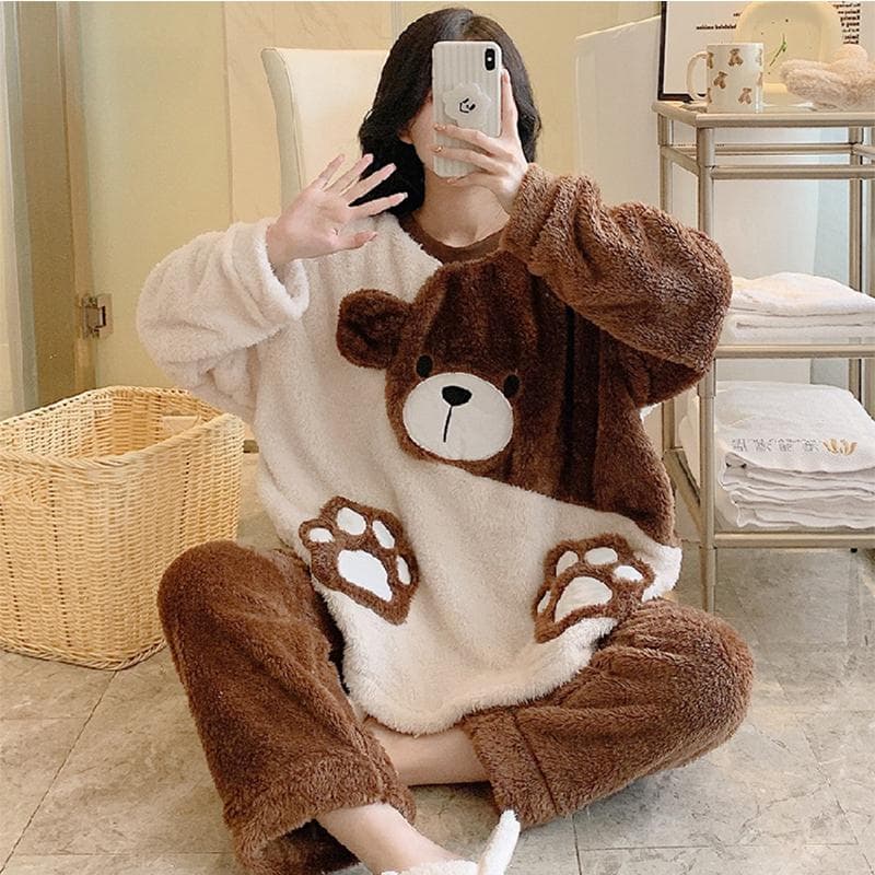 Winter Cute Bear Flannel Women's Pajamas Set Girls Pullover Velvet Women's Pajamas Plus Size M