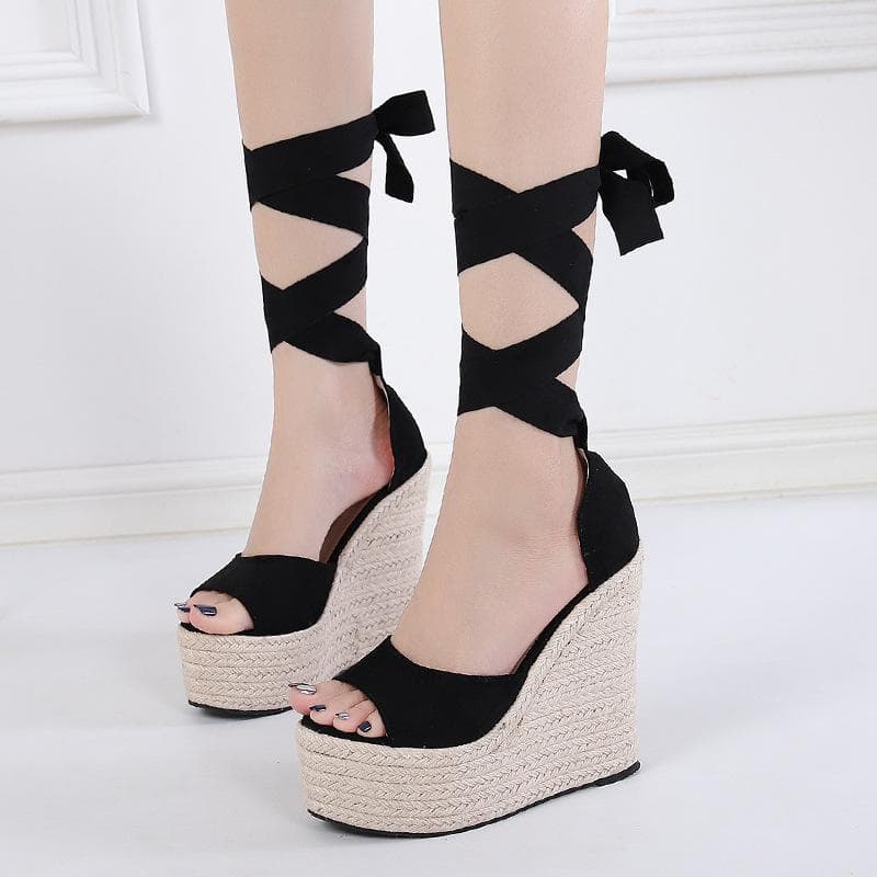 Women Wedge Sandals Female Platform Bohemia High Heel Sandals Fashion Ankle Strap Open Toe Ladies Shoes 36 black