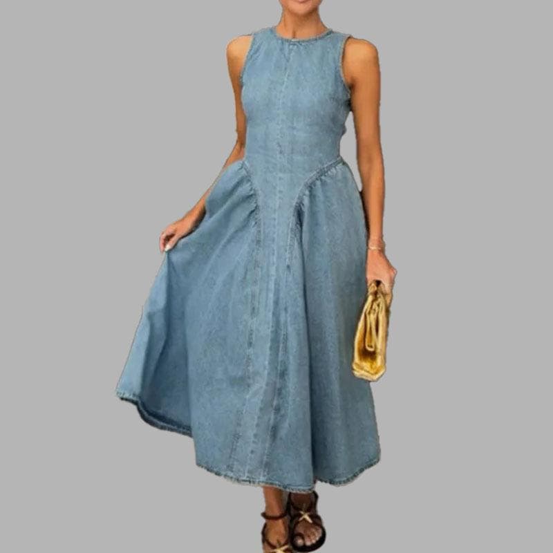 Spring Fashion New Women's Casual Temperament Elegant Slim Sleeveless French Dress 3XL blue