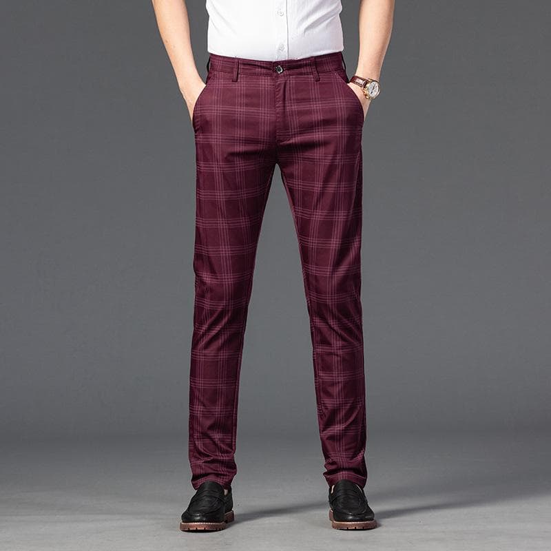 High-quality Business Men's Plaid Pants Straight Leg Slim Pants Casual Pants Long Pants 34 wine red