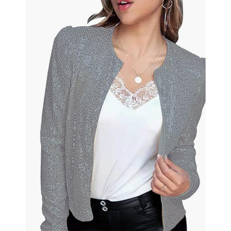 Spring Women's Fashion Stand-up Collar Solid Color Sequined Coat Short Casual Versatile Small Coat XXL