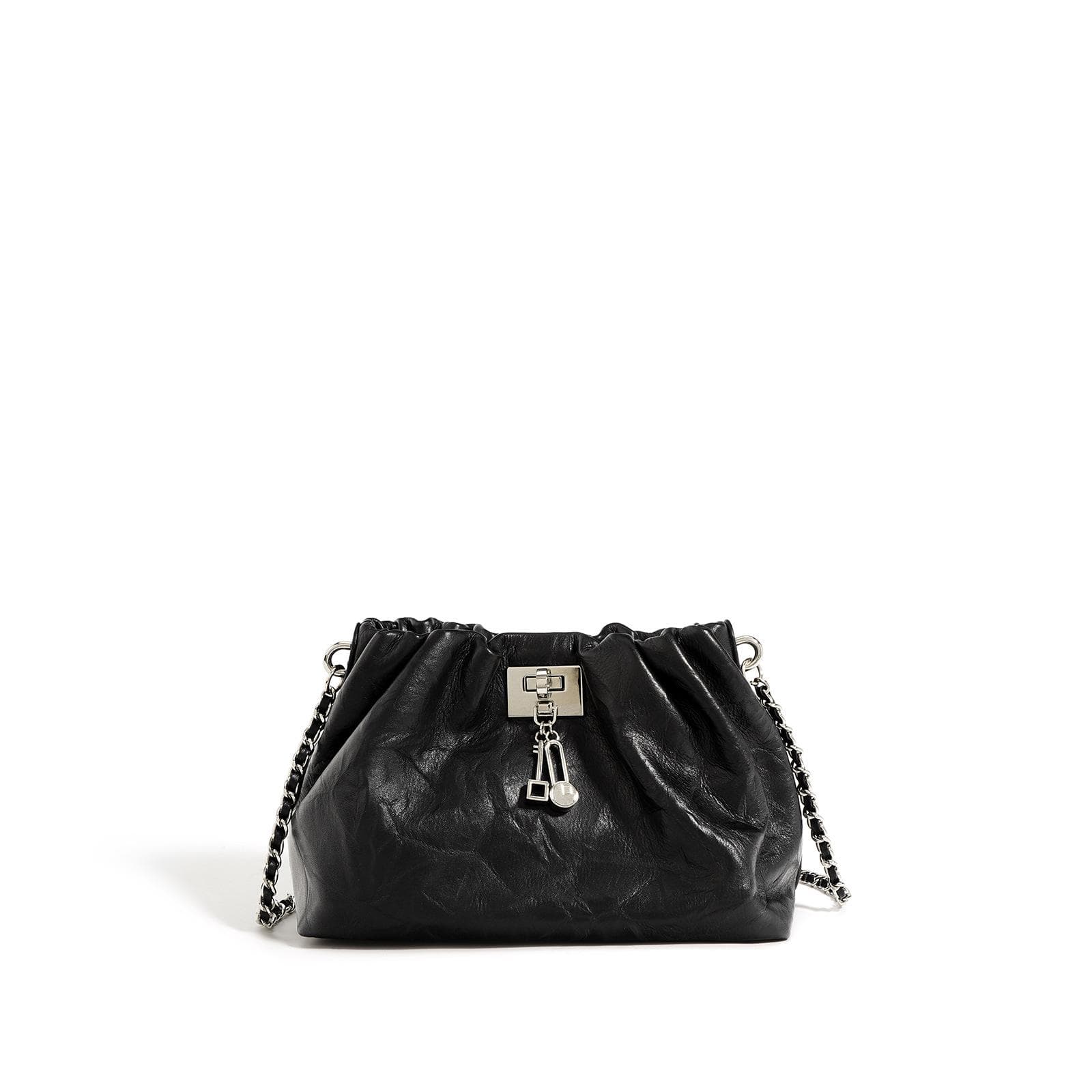 Niche Design Pleated Leather Cloud Bag Retro High-end Temperament Lock One-shoulder Crossbody Bag Chain Bag Women black