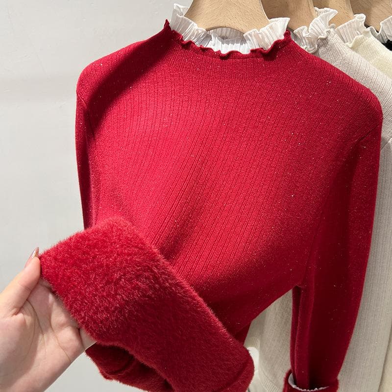 Semi-turtleneck Velvet Thickened Bottoming Shirt for Women's Autumn and Winter New Integrated Velvet Warm Inner with Ruffle Leaf Edge Top for Women L red