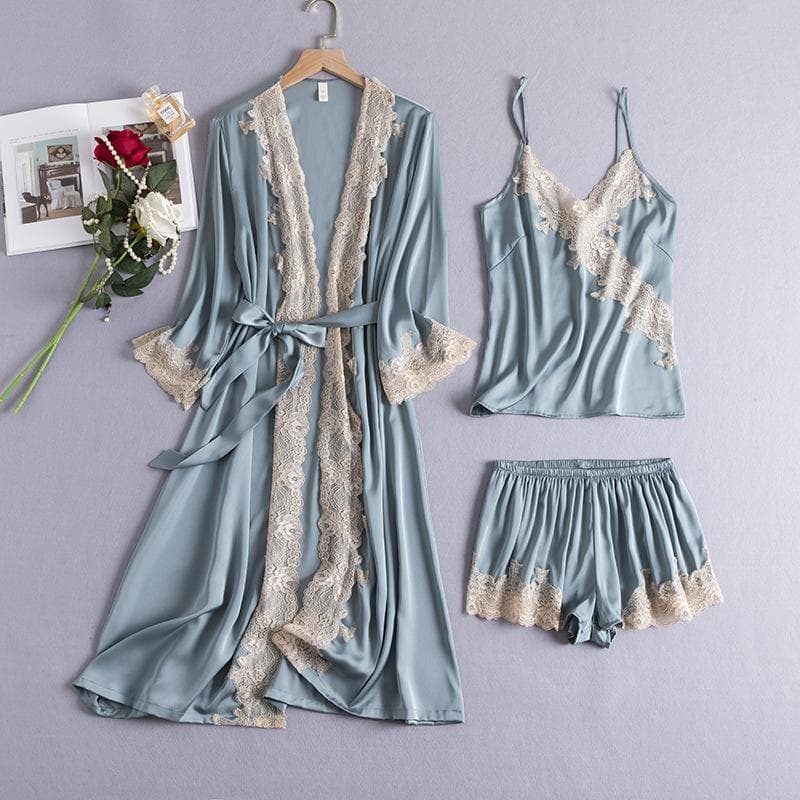 Pajamas, Kimono Robe Set with Shorts, Lace Three-piece Sleep Set, Women's Pajamas, Satin Summer Pajamas, Home Wear M