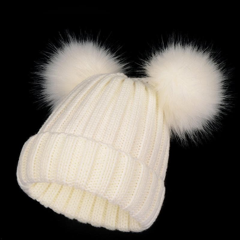 Kids / Adult 2 Layers Autumn Winter New Hat Women's Double Ball Hat Yarn Hat Imitation Fox Fur Ball Hat Keeps Warm Knitted Hat M adult