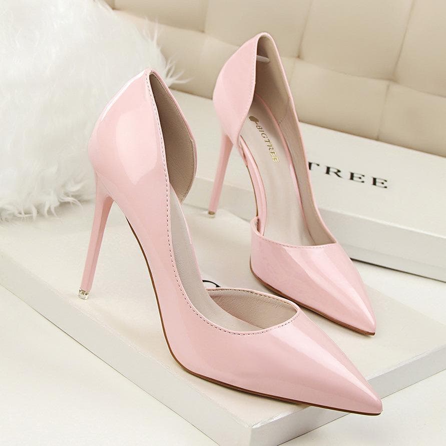 BIGTREE Fashion Simple Fine Heel 10.5cm High Heel Patent Leather Pointed Sexy Thin High Heel Single Shoe 39 pink