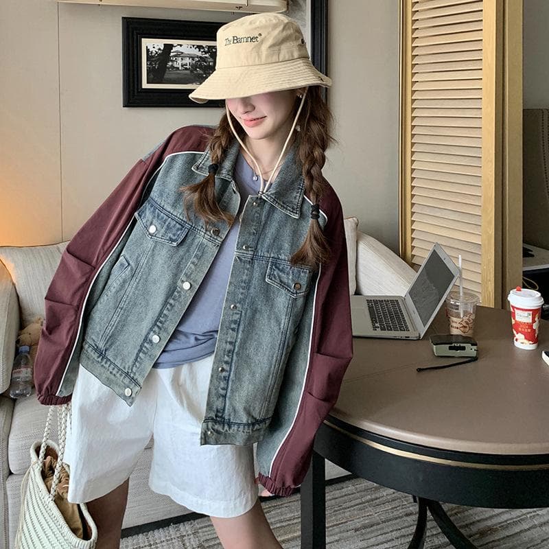 Spring and Autumn new splicing contrasting color retro denim jacket casual and thin short coat XL